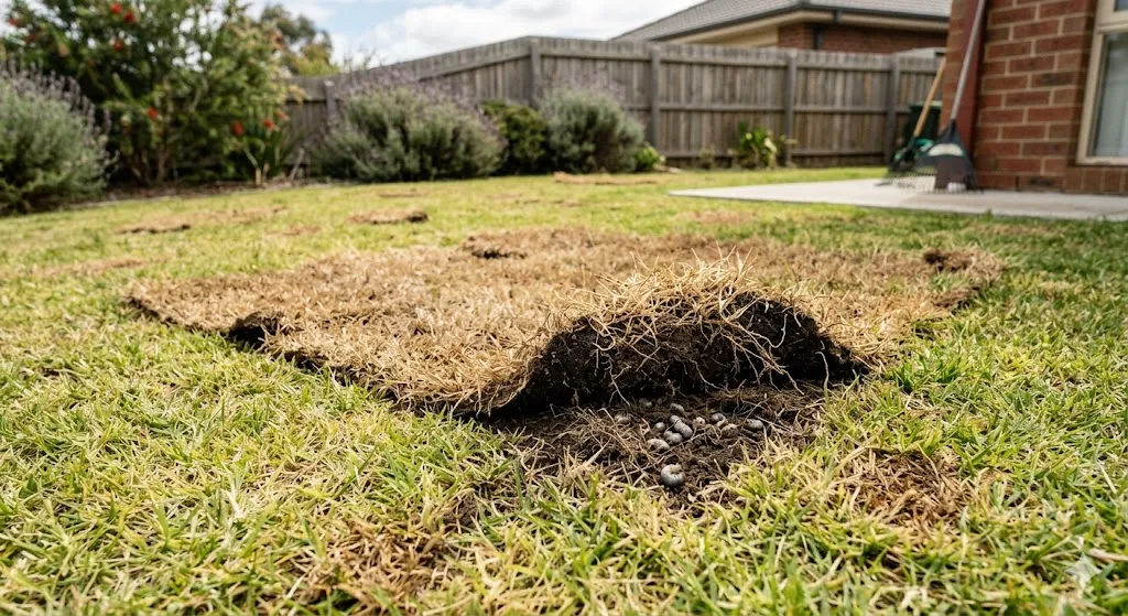 Australian lawn with brown dead patches from lawn grub damage