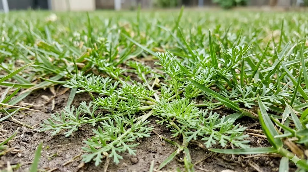 Bindii weeds growing flat against soil in Australian lawn