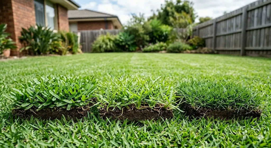 Three Australian grass types compared: Buffalo, Kikuyu, and Couch