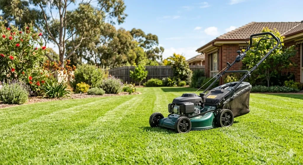 Lawn mower on freshly mowed green Australian lawn