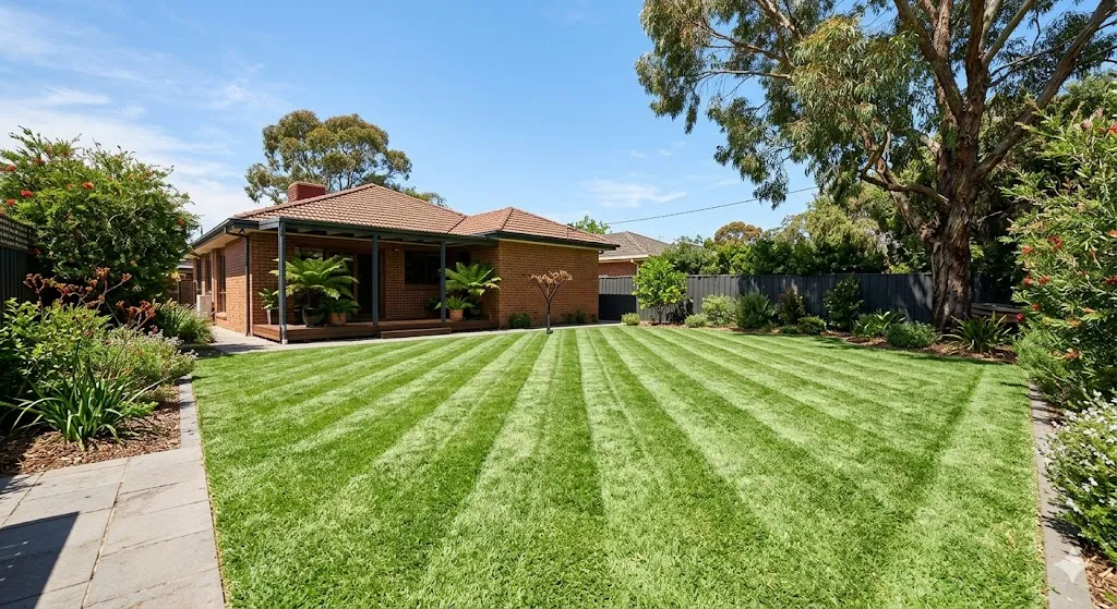 Beautifully striped green lawn in Australian backyard