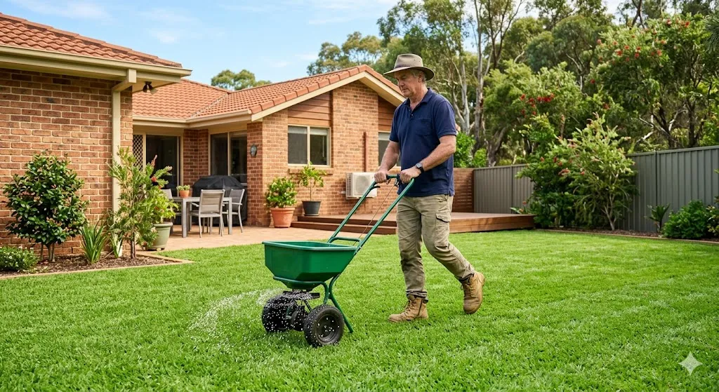Person spreading fertilizer on lush green Australian lawn