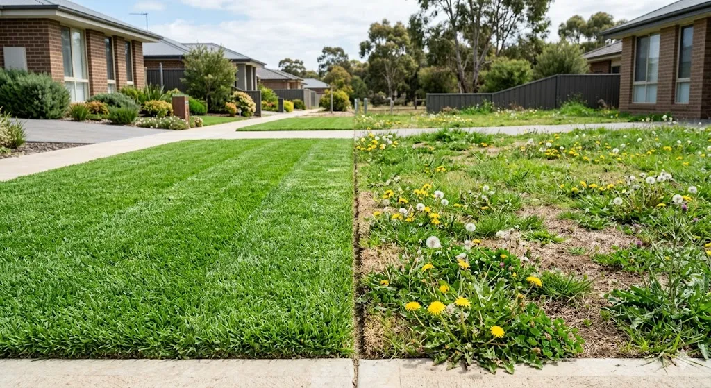 Comparison of weed-free lawn versus weedy lawn