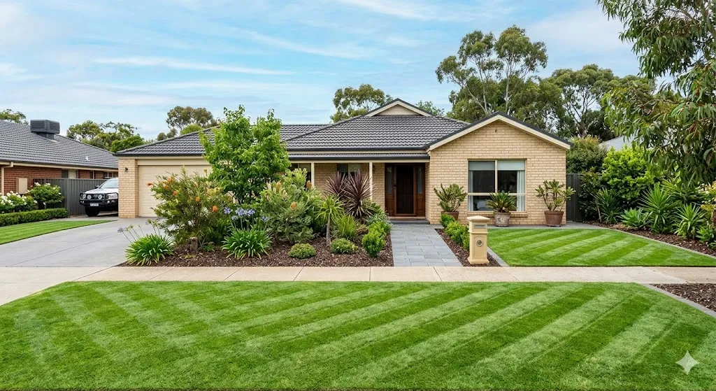 Beautifully manicured front lawn of Australian suburban home