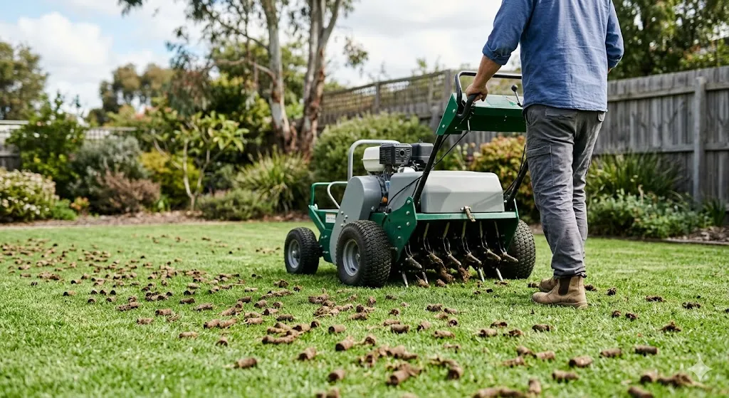 Lawn aerator machine on green Australian lawn with soil plugs