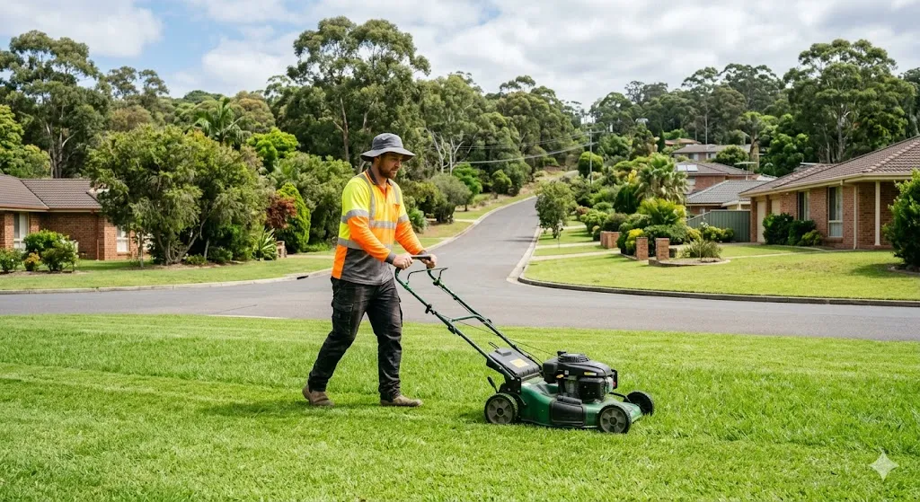 Lawn care worker mowing lawn in Hills District street