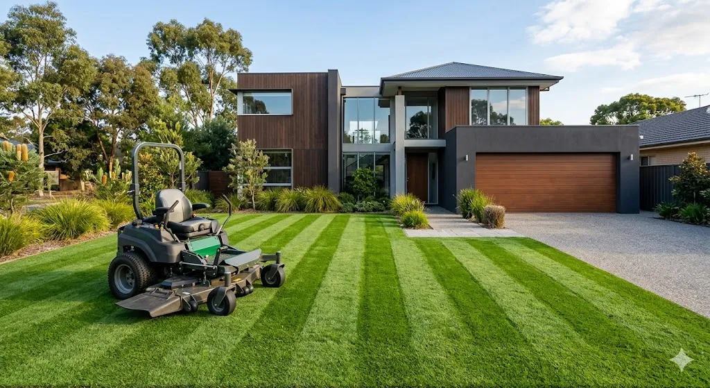 Commercial lawn mower on striped lawn with Australian home