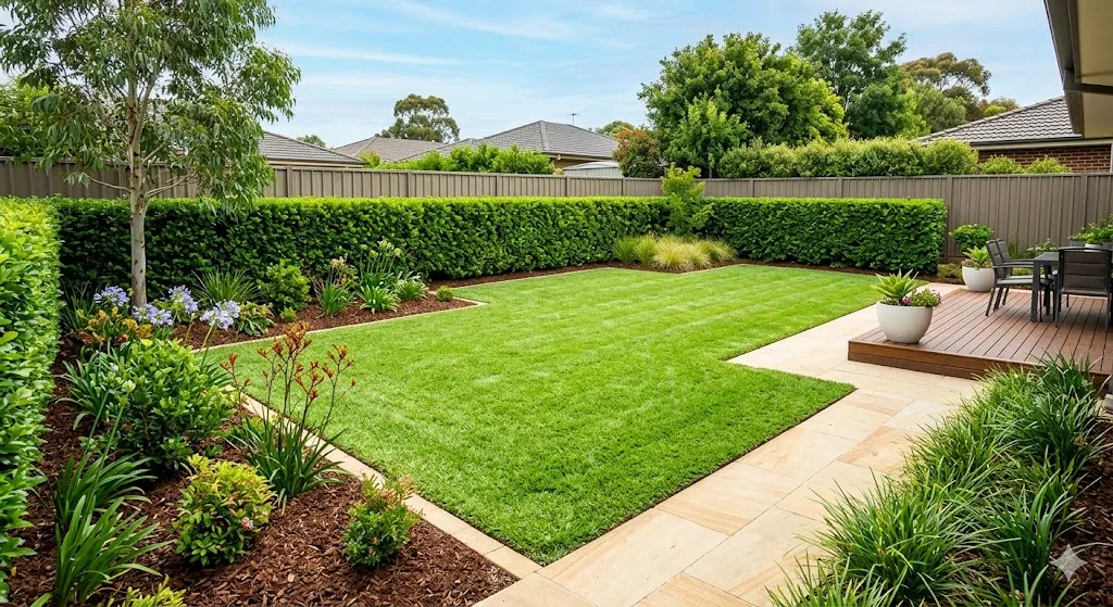 Comprehensive lawn care scene with healthy lawn and garden beds
