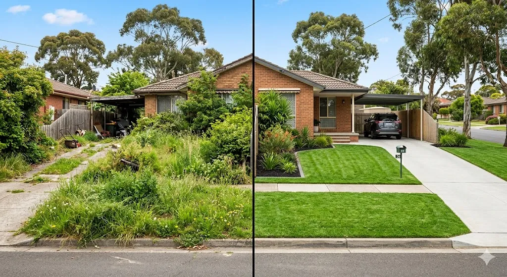 Comparison of unkempt lawn versus pristine manicured lawn
