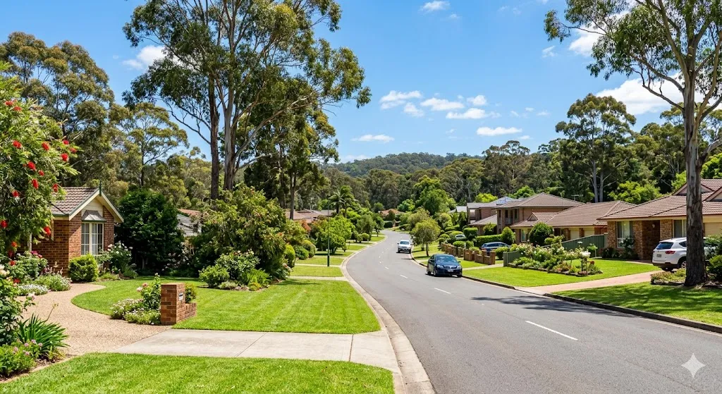Scenic Australian Hills District street with beautiful front lawns