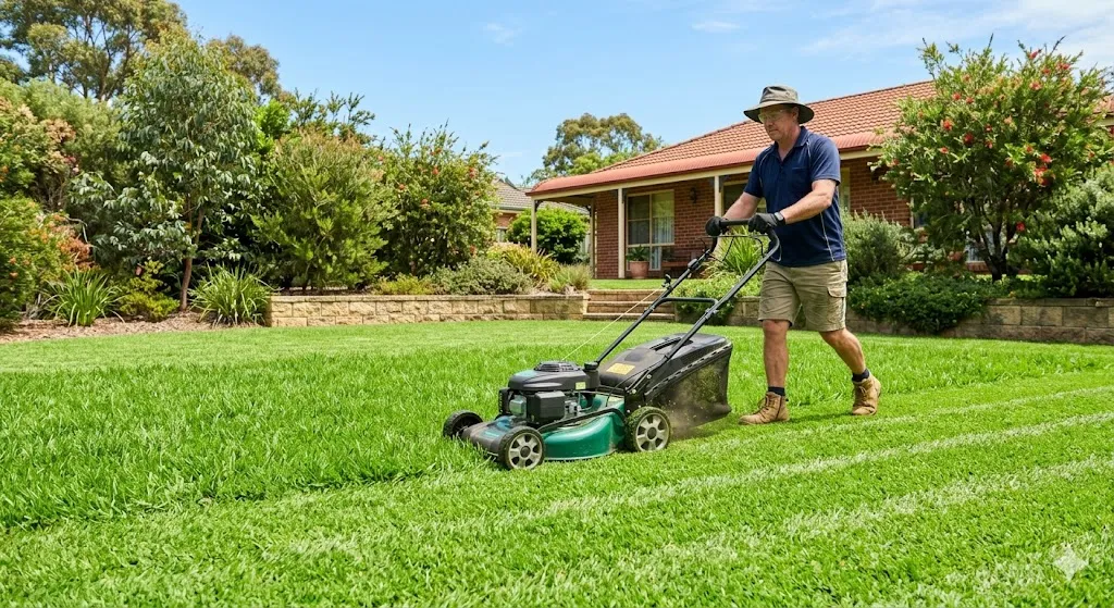 Lush green Australian lawn being mowed in summer
