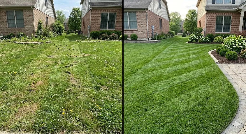 Comparison of patchy DIY lawn versus professionally striped lawn