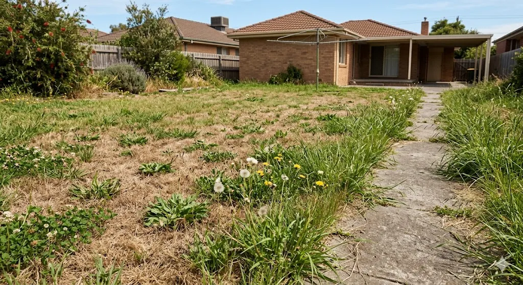Australian lawn with brown patches and weeds needing care
