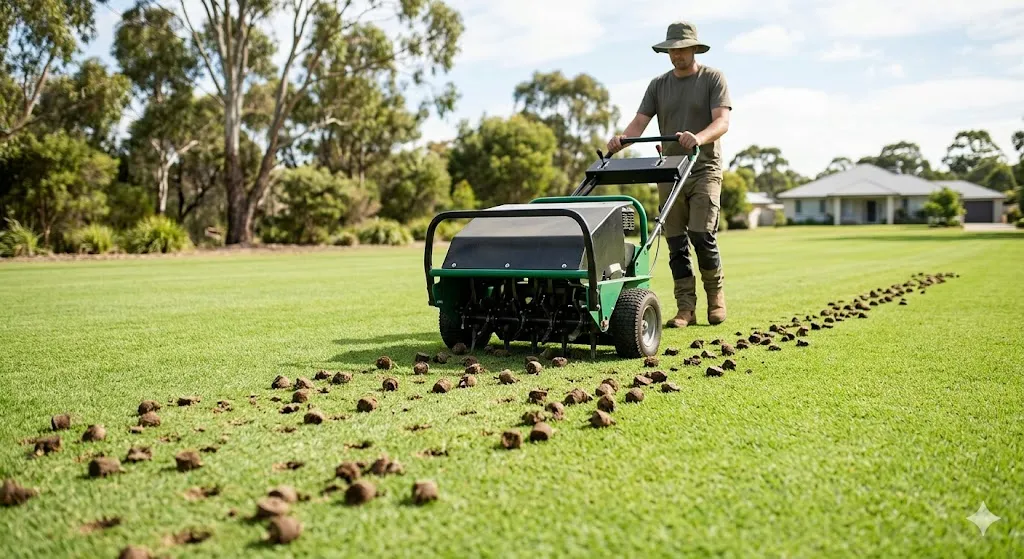 Core aeration machine on green Australian lawn with soil plugs
