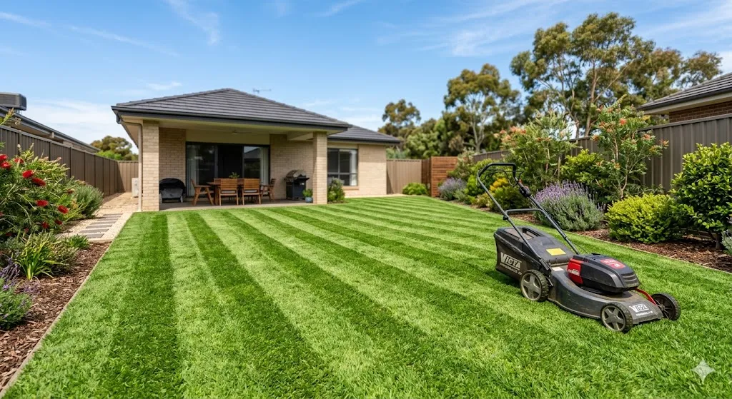 Beautifully striped lawn in Australian backyard - Grass Blades Hills District